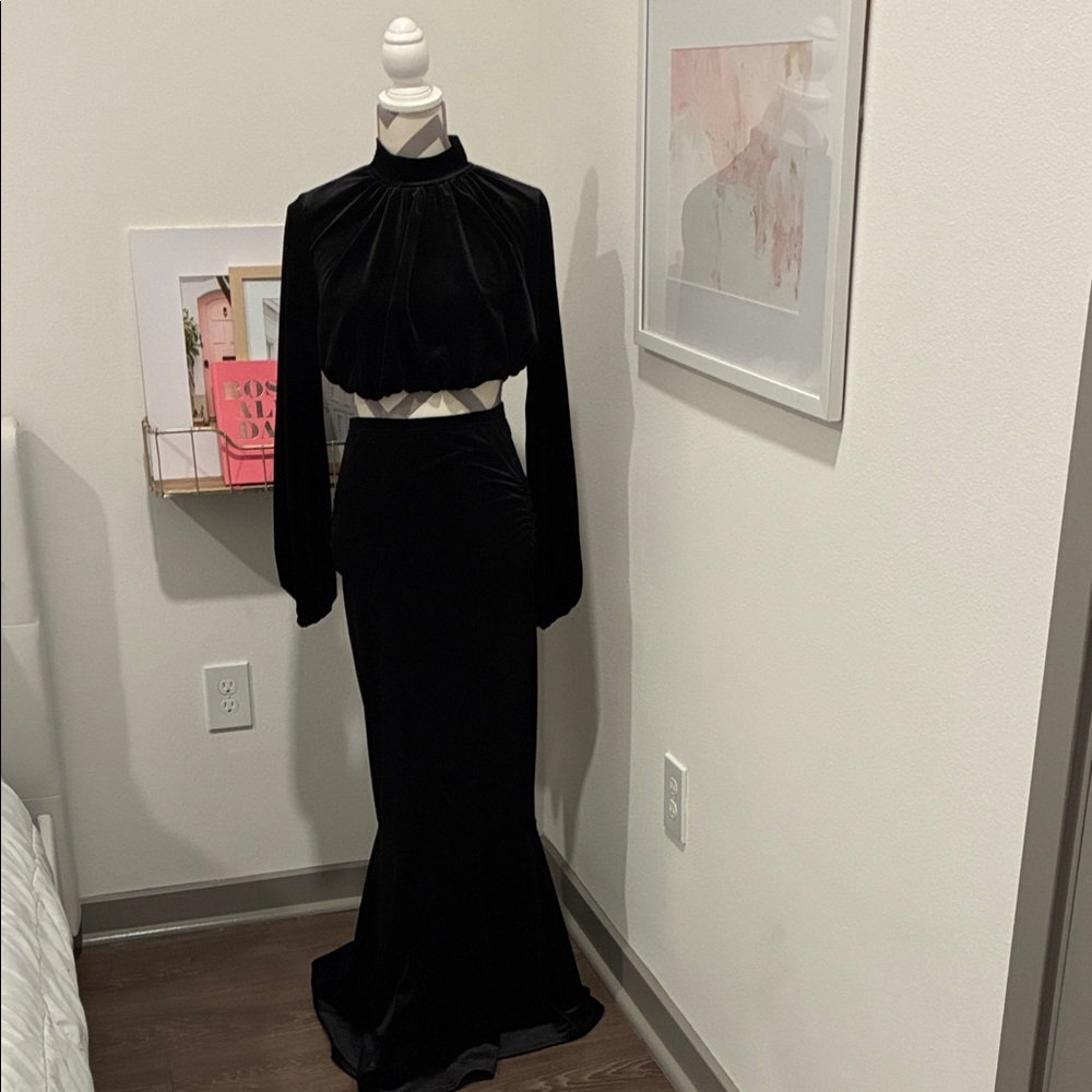 SHEIN Black Velvet Long Sleeve top and long mermaid skirt